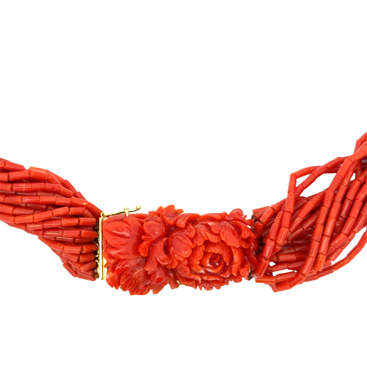Italian Necklace Coral Carved Red, 18K Yellow Gold 111.00g. All Weights Estimated