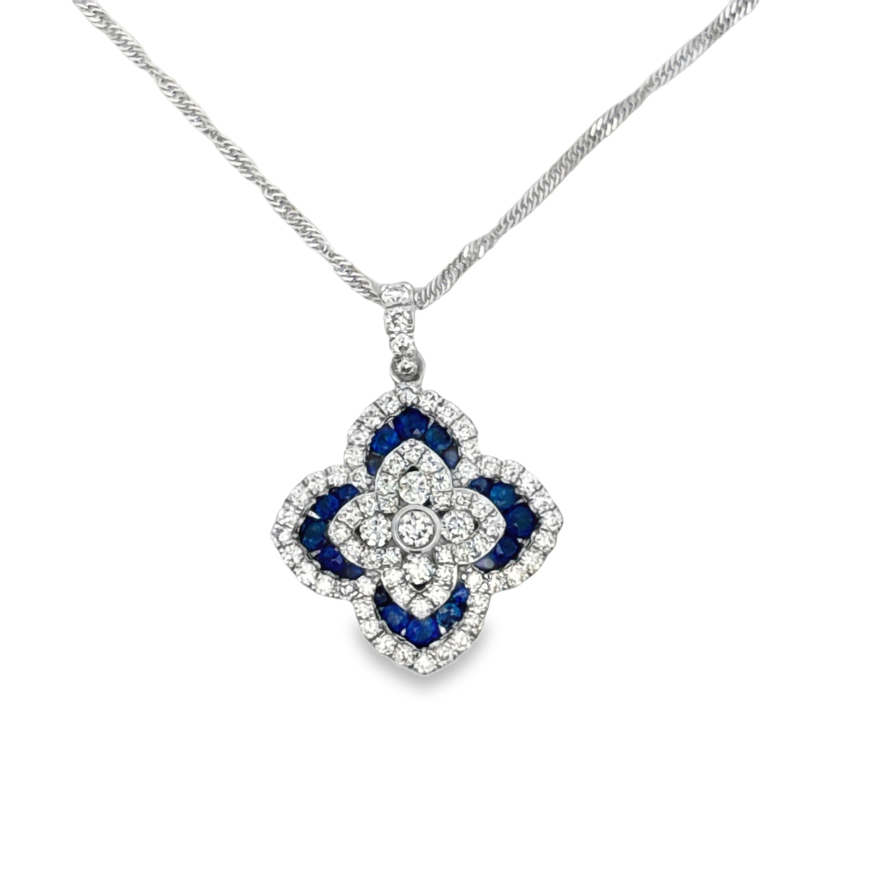 Estate Necklace, 73 Round Brilliant Cut Diamonds 0.83cttw G-H VS2-SI1, 20 Sapphires Round Brilliant Cut 0.55cttw Fine Blue, 14K White Gold 4.33g. All Weights Estimated.