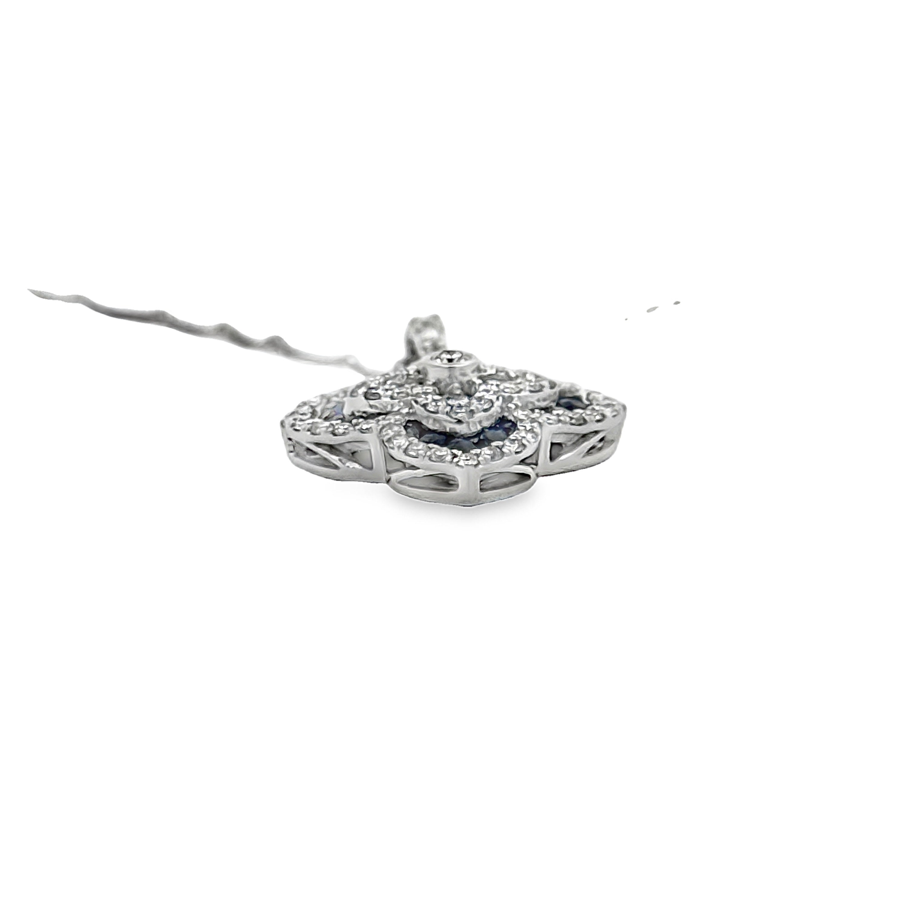 Estate Necklace, 73 Round Brilliant Cut Diamonds 0.83cttw G-H VS2-SI1, 20 Sapphires Round Brilliant Cut 0.55cttw Fine Blue, 14K White Gold 4.33g. All Weights Estimated.