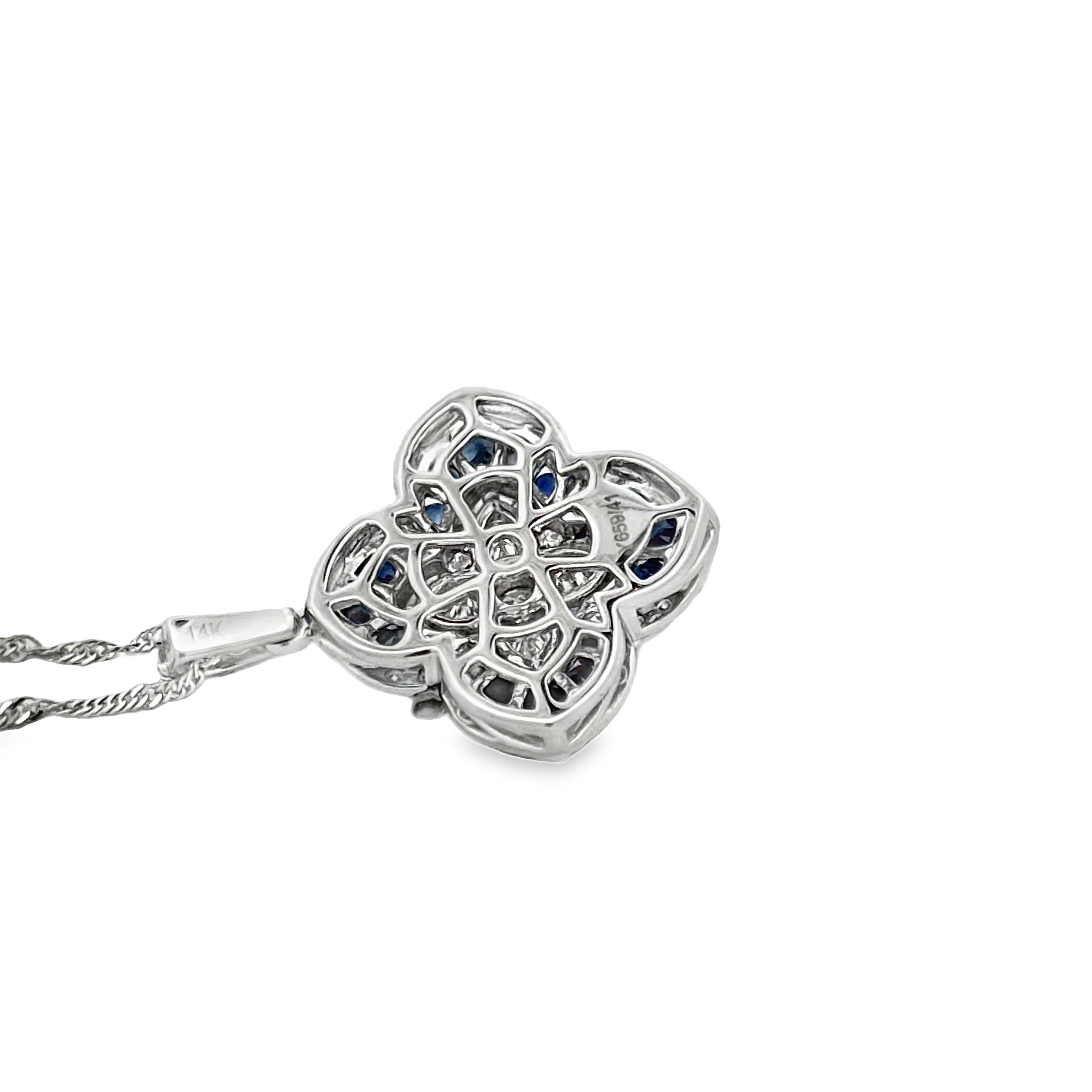 Estate Necklace, 73 Round Brilliant Cut Diamonds 0.83cttw G-H VS2-SI1, 20 Sapphires Round Brilliant Cut 0.55cttw Fine Blue, 14K White Gold 4.33g. All Weights Estimated.
