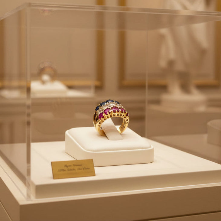 French Ring, 5 Old Mine Cut Diamonds 1.60cttw G-H VVS2-VS2, 8 Old Mine Cut Diamond 0.15cttw G-H VVS2-VS2, 5 Burma No Heat Ruby 1.50cttw, 5 Burma No Heat Sapphire 1.50cttw, 18K Yellow Gold 7.90g. All Weights Estimated.