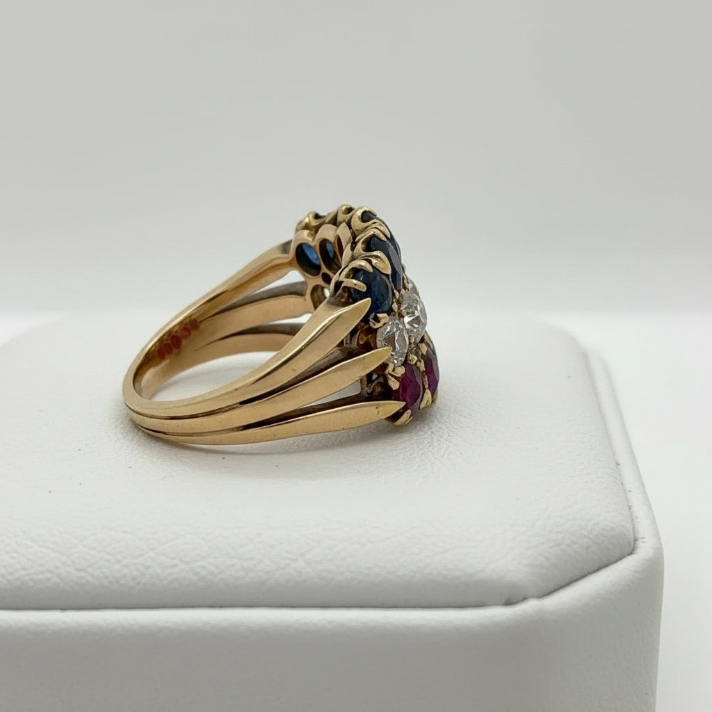 French Ring, 5 Old Mine Cut Diamonds 1.60cttw G-H VVS2-VS2, 8 Old Mine Cut Diamond 0.15cttw G-H VVS2-VS2, 5 Burma No Heat Ruby 1.50cttw, 5 Burma No Heat Sapphire 1.50cttw, 18K Yellow Gold 7.90g. All Weights Estimated.
