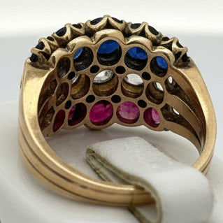French Ring, 5 Old Mine Cut Diamonds 1.60cttw G-H VVS2-VS2, 8 Old Mine Cut Diamond 0.15cttw G-H VVS2-VS2, 5 Burma No Heat Ruby 1.50cttw, 5 Burma No Heat Sapphire 1.50cttw, 18K Yellow Gold 7.90g. All Weights Estimated.
