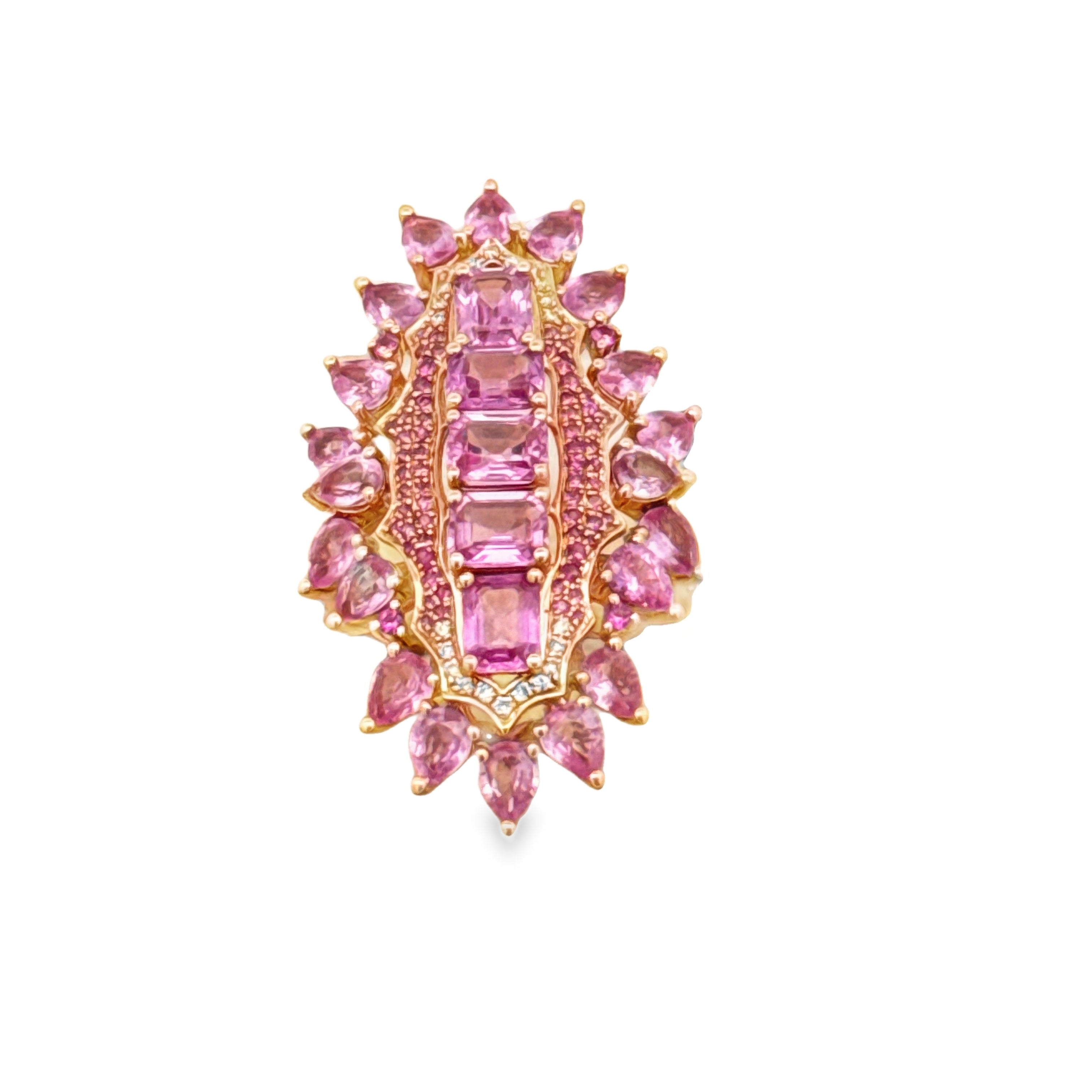 Ring, Round Brilliant Cut Diamonds 0.50cttw H-I SI1-SI2, 25 Pink Sapphires Pear/Round/Emerald Cut 6.50cttw, 14K Rose Gold 9.17g. All Weights Estimated.