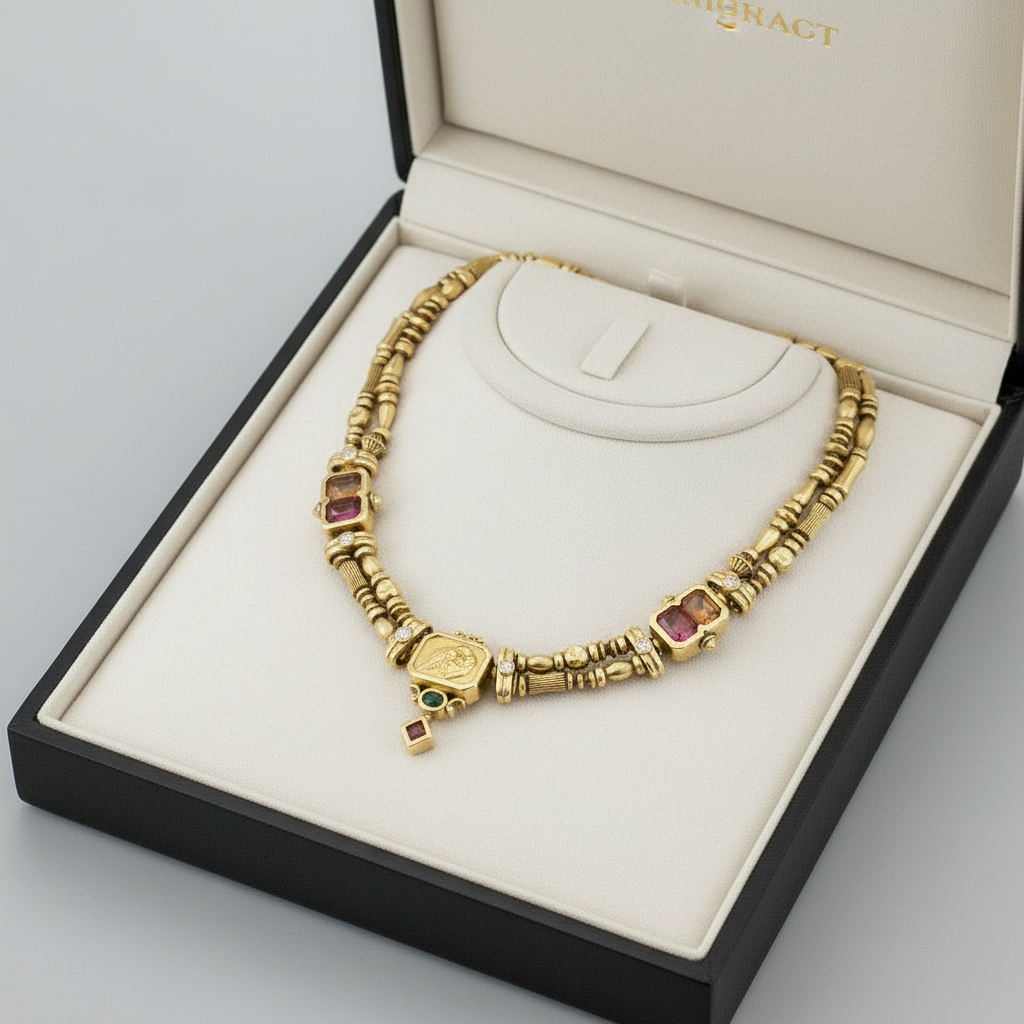 Seidengang Necklace, Diamond Emerald Cut 0.30cttw G-H VS1-VS2, 2 Citrine Emerald Cut 1.50cttw, 2 Tourmaline Emerald Cut 1.50cttw, 1 Peridot Oval 0.20cttw, 18K Yellow Gold 73.00g, All Weights Estimated