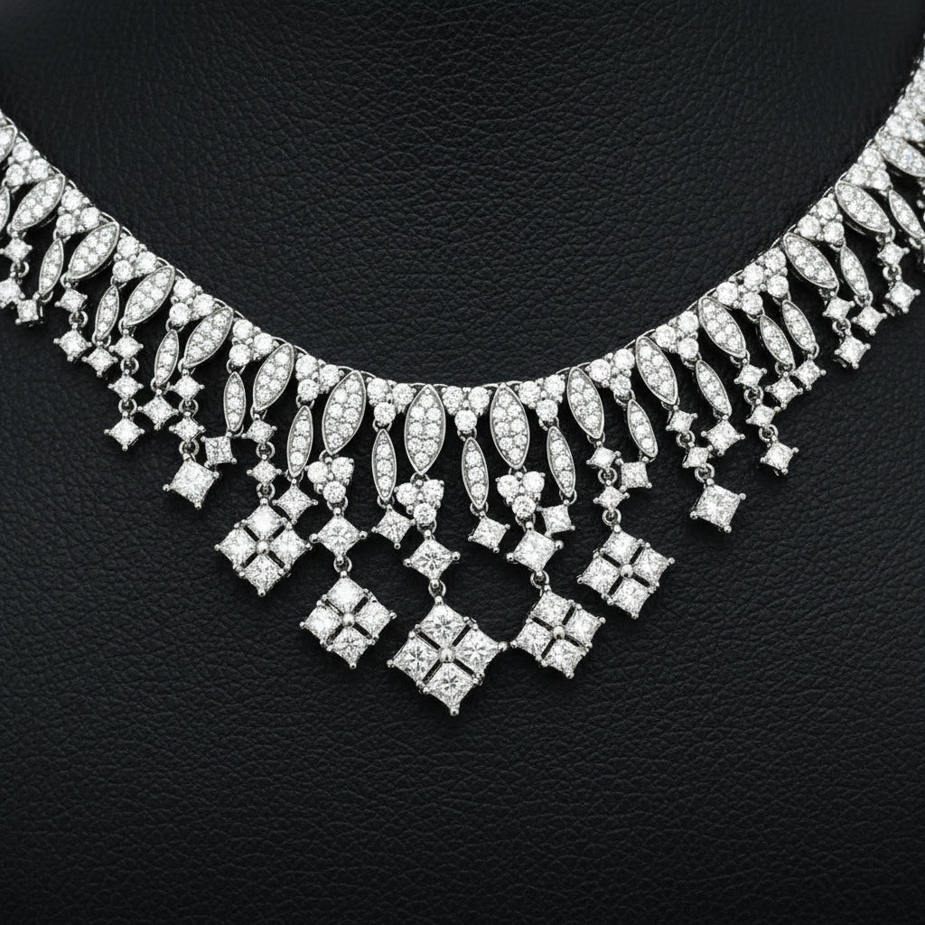 AKMS Necklace, RBC/Princess Cut Diamonds 11.70cttw G-I VS1-SI2, 18K White Gold 51.00g. All Weights Estimated.