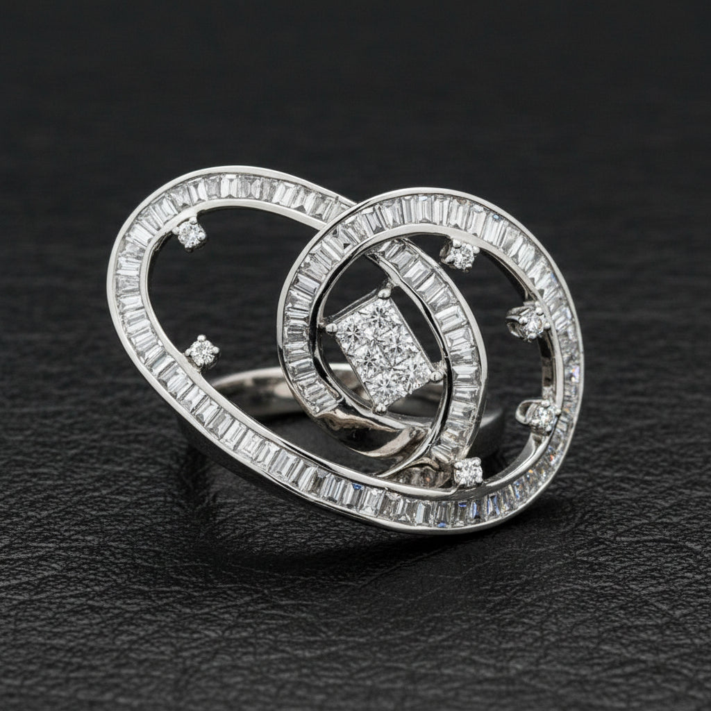 Aria Ring Round/Princess/Baguette Diamonds 3.00cttw G-H VS2-SI1, 18K White Gold 10.80g, All Weights Estimated.