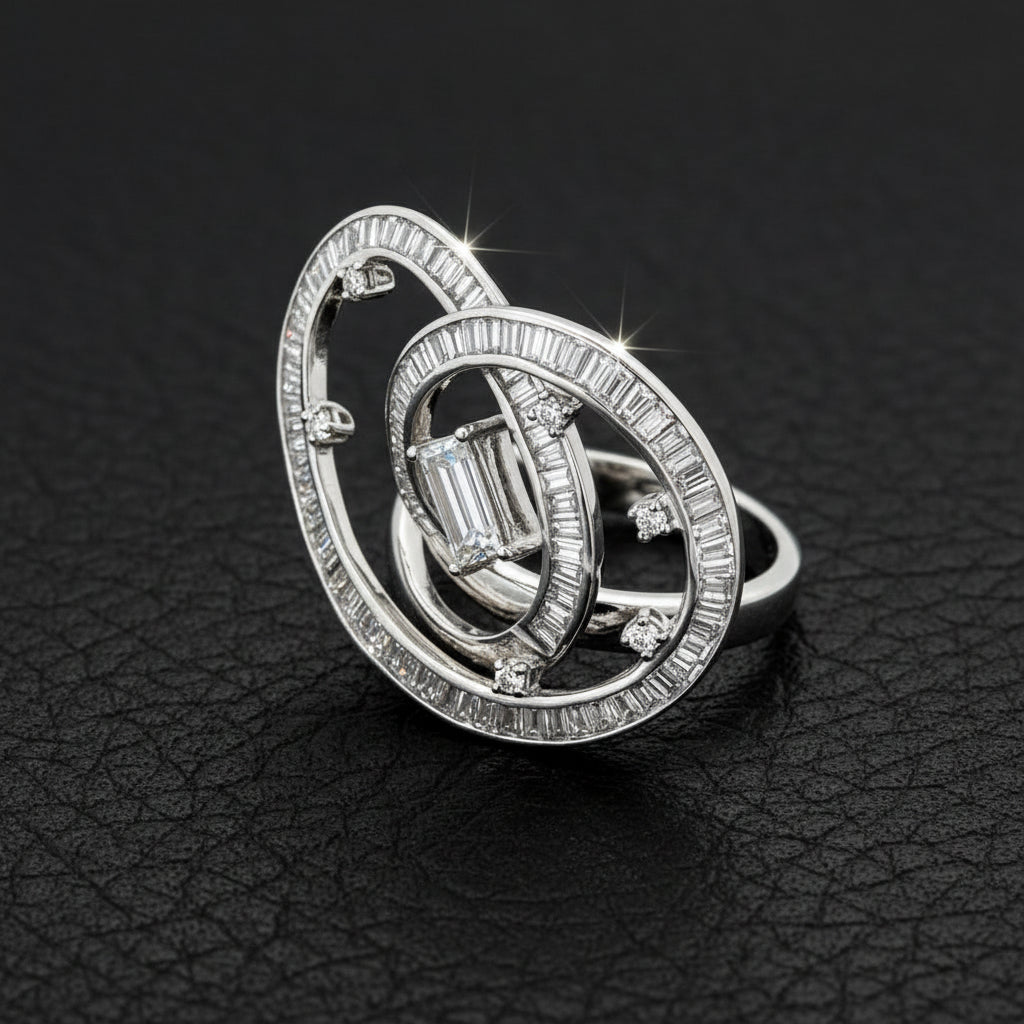 Aria Ring Round/Princess/Baguette Diamonds 3.00cttw G-H VS2-SI1, 18K White Gold 10.80g, All Weights Estimated.