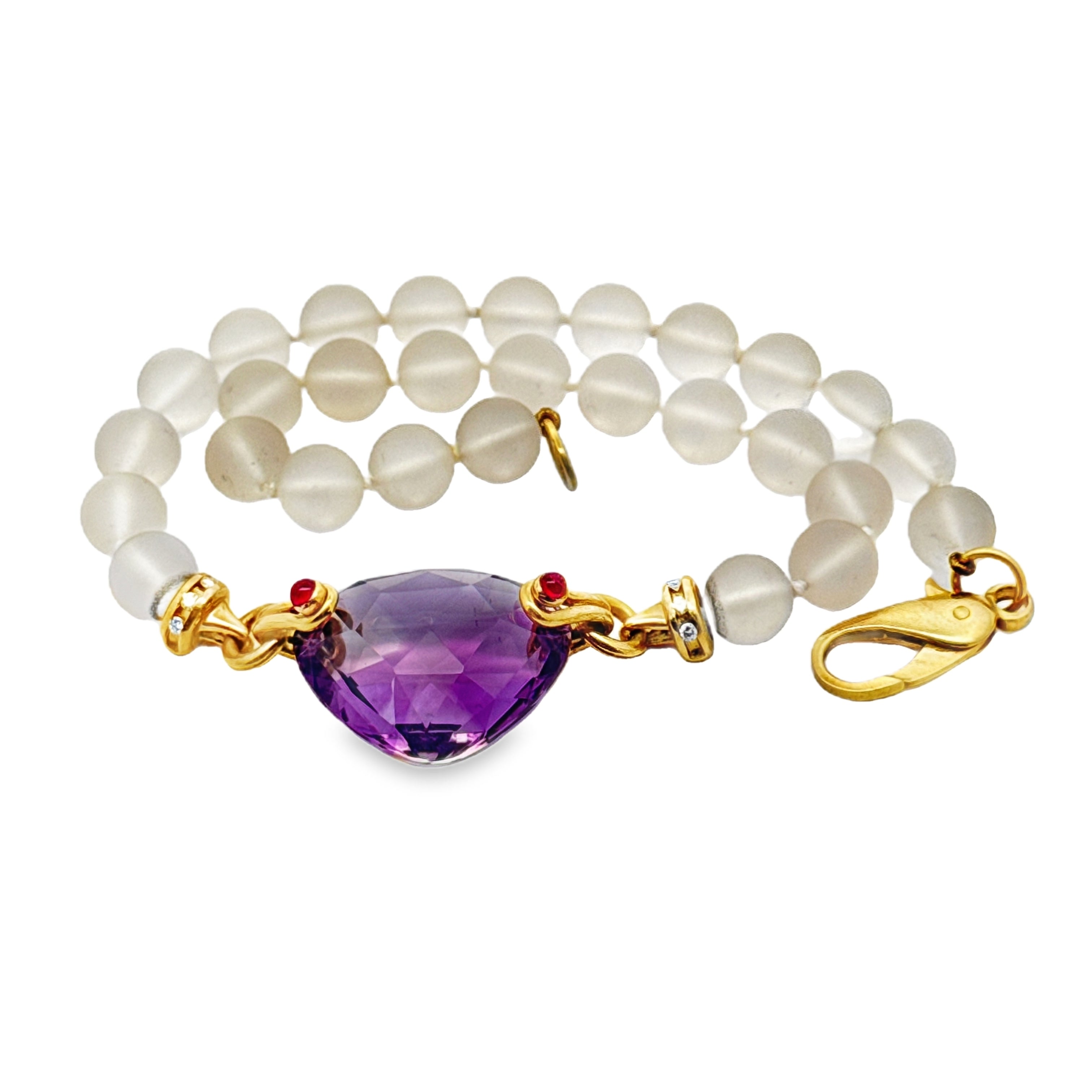Italian Necklace, 8 Round Brilliant Cut Diamonds 0.16cttw H-I VS1-VS2, 1 Amethyst Heart Shape 40.00ct, 2 Ruby Cabochon 0.25cttw, 28 Rock Crystal Quartz Round, 18K Yellow Gold 66.00g, All Weights Estimated.