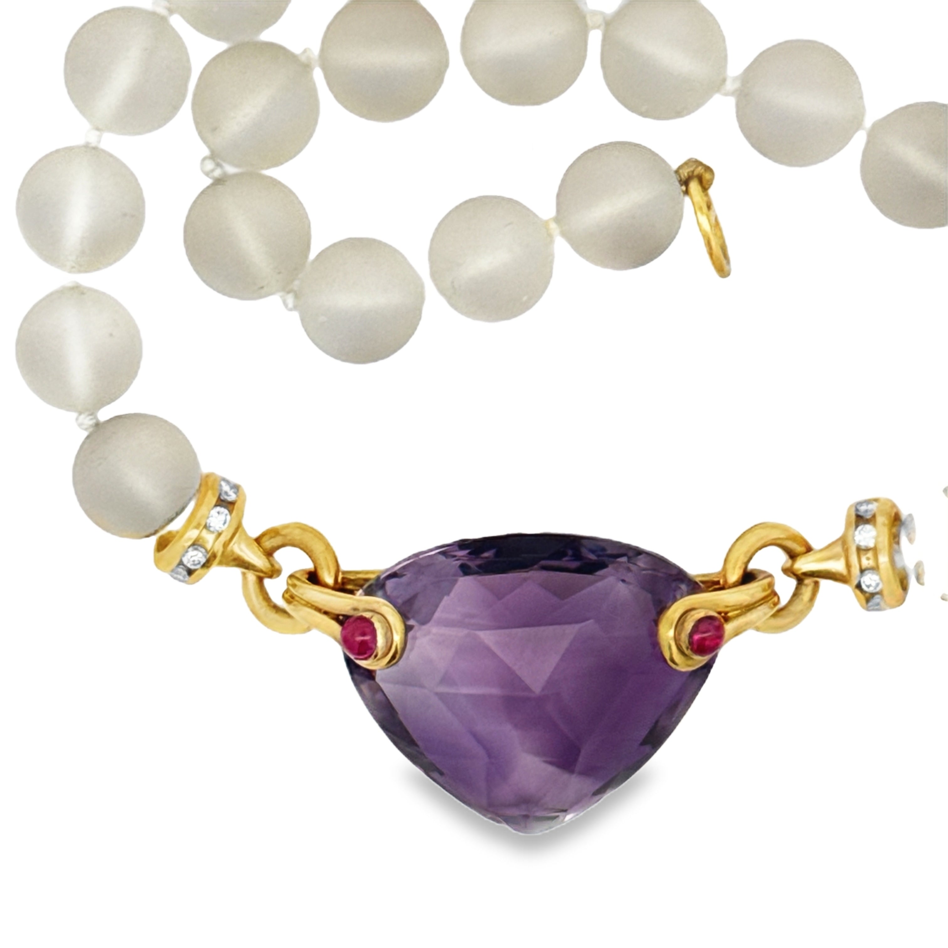 Italian Necklace, 8 Round Brilliant Cut Diamonds 0.16cttw H-I VS1-VS2, 1 Amethyst Heart Shape 40.00ct, 2 Ruby Cabochon 0.25cttw, 28 Rock Crystal Quartz Round, 18K Yellow Gold 66.00g, All Weights Estimated.