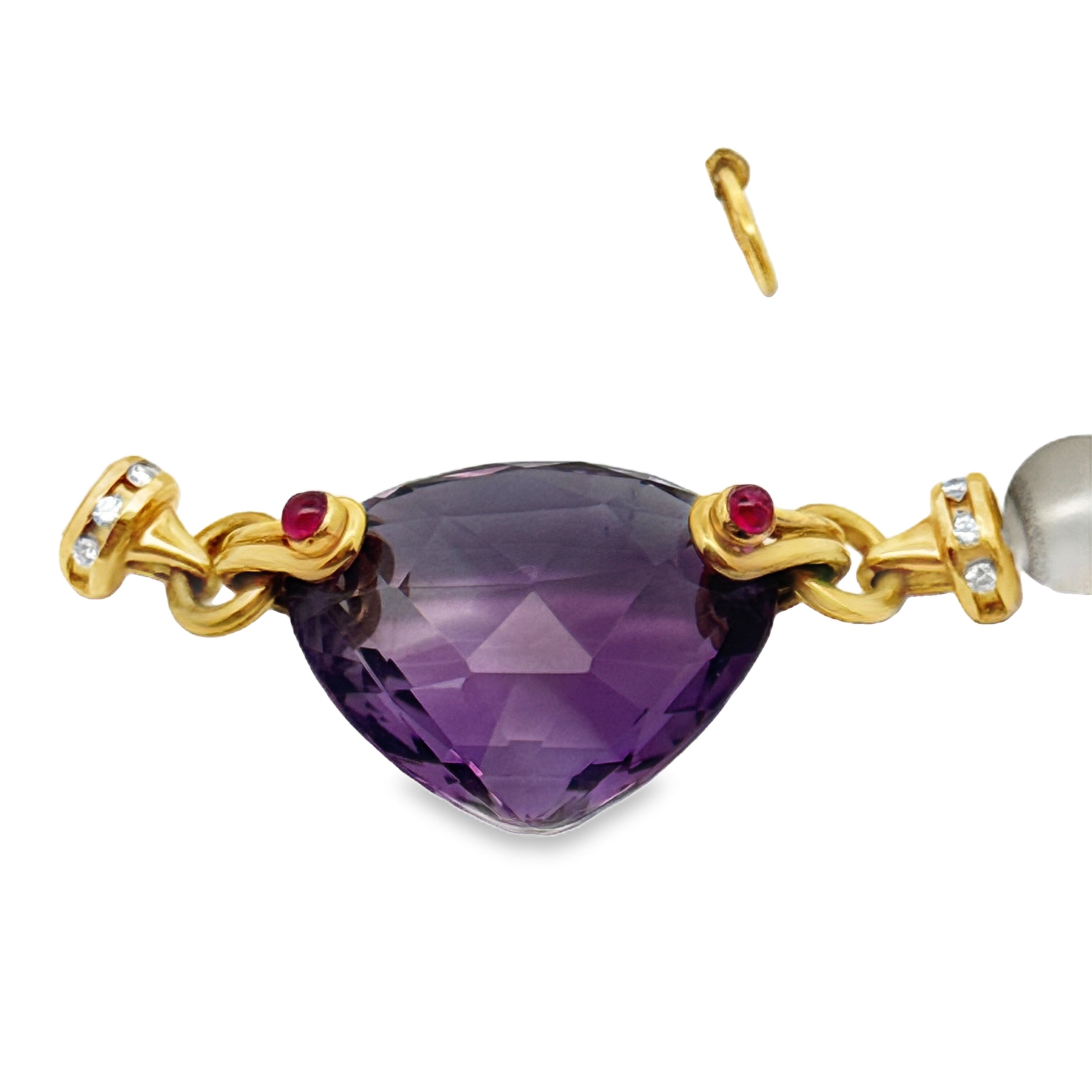 Italian Necklace, 8 Round Brilliant Cut Diamonds 0.16cttw H-I VS1-VS2, 1 Amethyst Heart Shape 40.00ct, 2 Ruby Cabochon 0.25cttw, 28 Rock Crystal Quartz Round, 18K Yellow Gold 66.00g, All Weights Estimated.