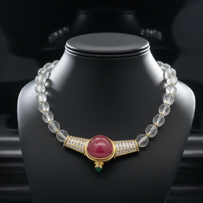 Estate Necklace, Round Brilliant Cut Diamonds G-H VS2-SI1, 1 Emerald Cabochon 0.50ct, 1 Rubellite Cabochon 10.00ct, 40 Rock Crystals Round, 18K Yellow Gold 15.00g. All Weights Estimated.