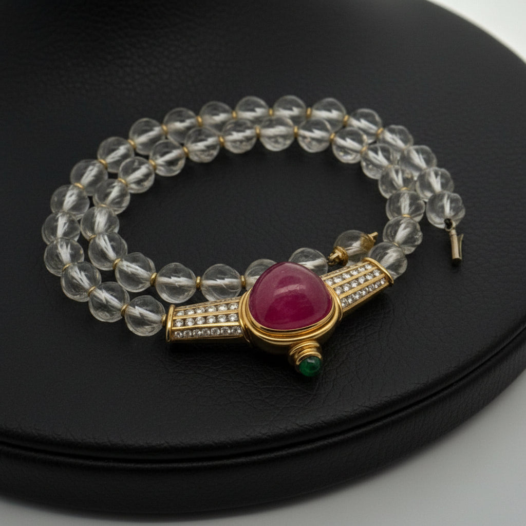 Estate Necklace, Round Brilliant Cut Diamonds G-H VS2-SI1, 1 Emerald Cabochon 0.50ct, 1 Rubellite Cabochon 10.00ct, 40 Rock Crystals Round, 18K Yellow Gold 15.00g. All Weights Estimated.