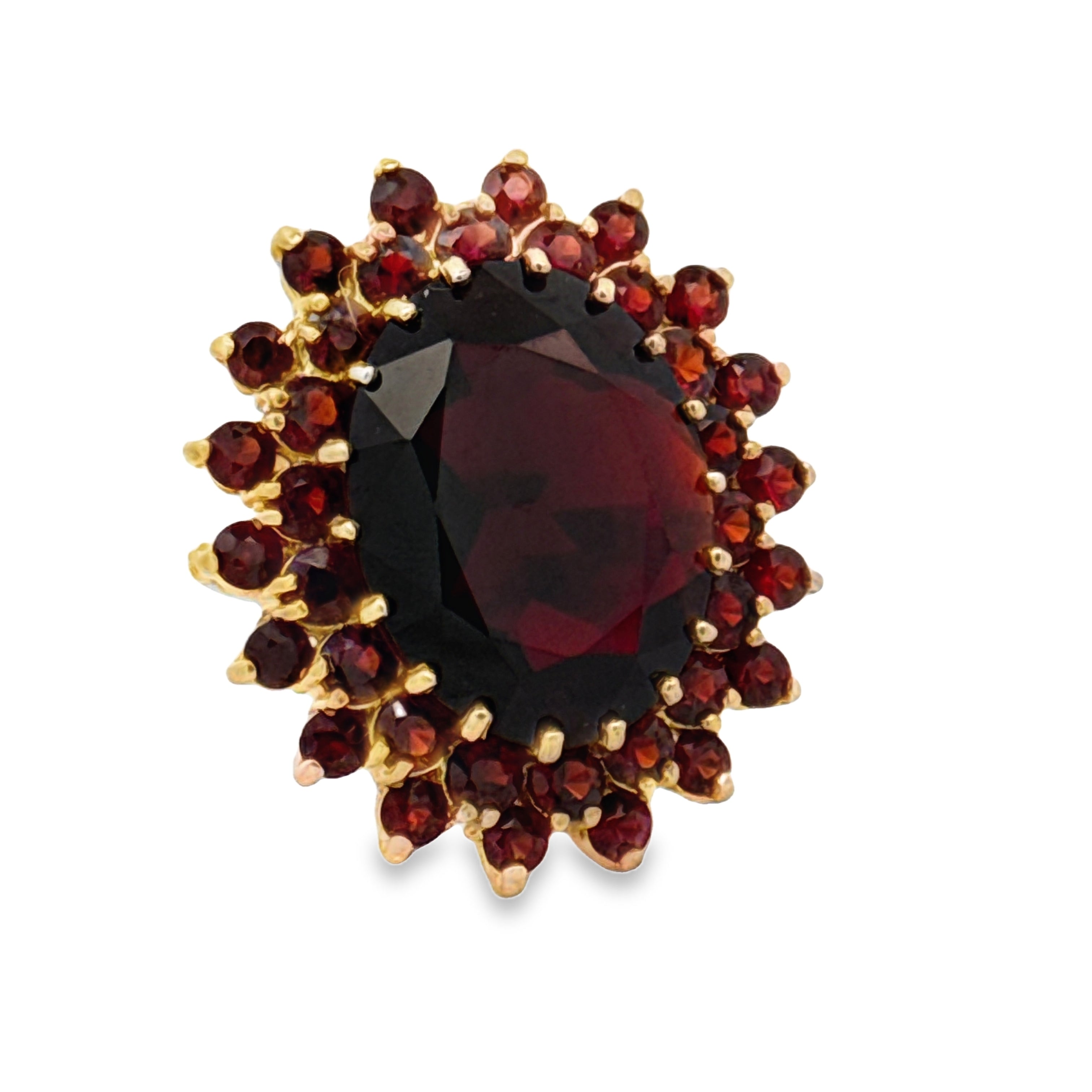English MK Ring, 1 Garnet Oval 18.00ct, 38 Garnet Rounds 1.90cttw, 9KT Yellow Gold 12.50g. All Weights Estimated.