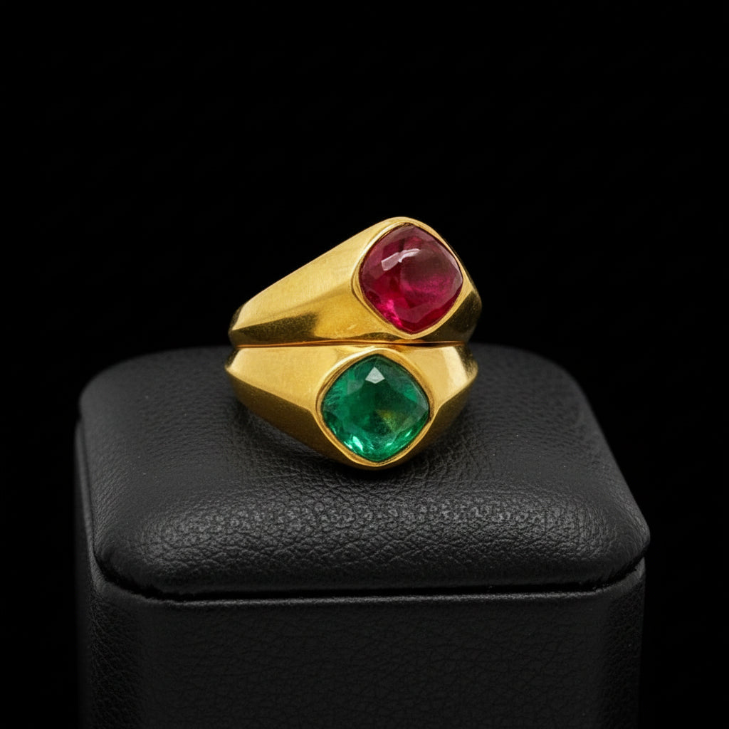 Italian Designer Vaglio  Ring,1 Emerald Cabochon 1.50 ct ,1 Ruby Cabochon 1.60 ct  18K Yellow Gold 12.70g