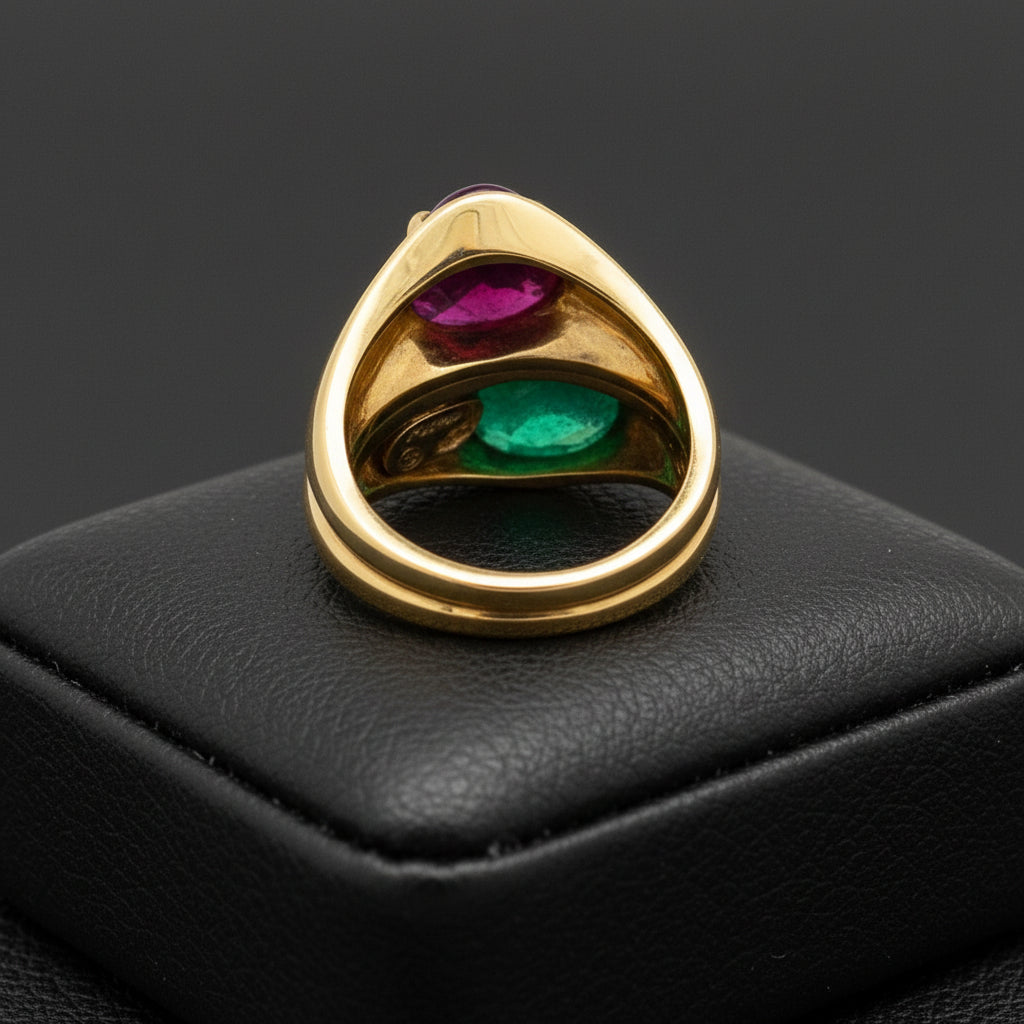 Italian Designer Vaglio  Ring,1 Emerald Cabochon 1.50 ct ,1 Ruby Cabochon 1.60 ct  18K Yellow Gold 12.70g
