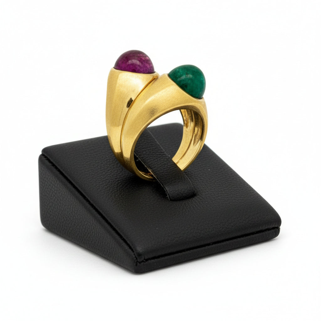 Italian Designer Vaglio  Ring,1 Emerald Cabochon 1.50 ct ,1 Ruby Cabochon 1.60 ct  18K Yellow Gold 12.70g