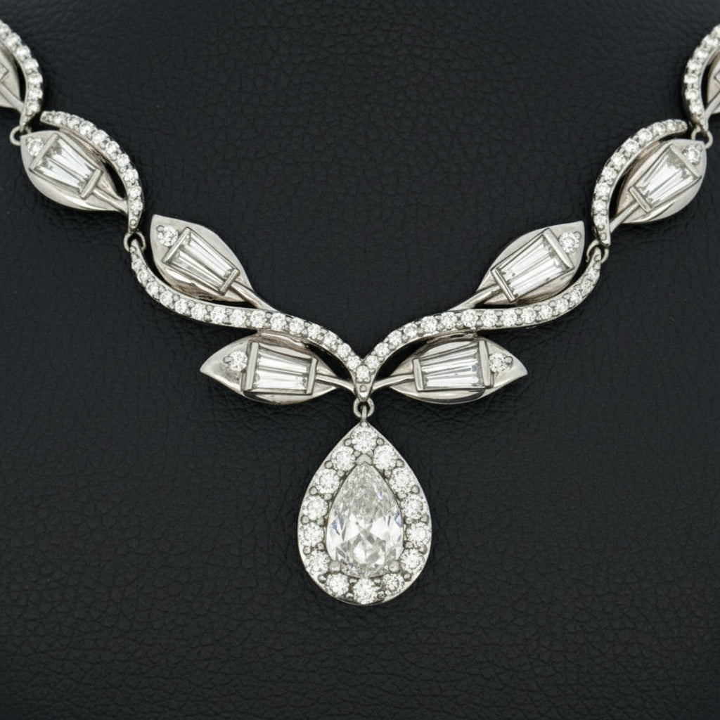 Estate Necklace, 1 Pear Shape Diamonds 1.15ct I-J VS2-SI1, Round/Baguette Cut Diamonds 5.00cttw H-I VS1-SI, Platinum 48.00g. All Weights Estimated.