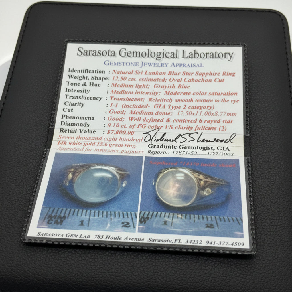 Estate Ring, 2 Round Brilliant Cut Diamonds 0.10ct F-G VS1-VS2, 1 Star Sapphire Cabochon 12.50ct #Sri Lankan, 14K White Gold 14.00g, Sarasota Gemologial Lab #17871-53, All Weights Estimated.