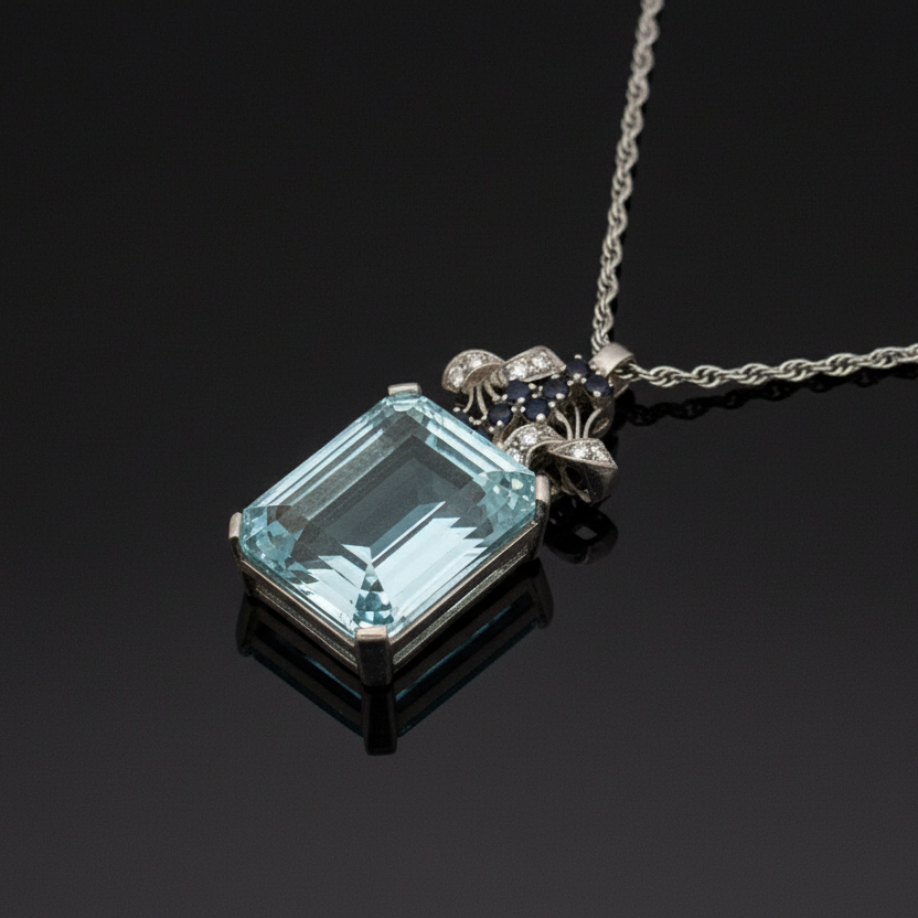  Necklace, 8 Round Brilliant Cut Diamonds 0.16cttw G-H VS2-SI1, 8 Sapphire Round 0.10cttw, 1 Aquamarine Emerald Cut 32.00ct, Platinum/14K White Gold 18.00g. All Weights Estimated.