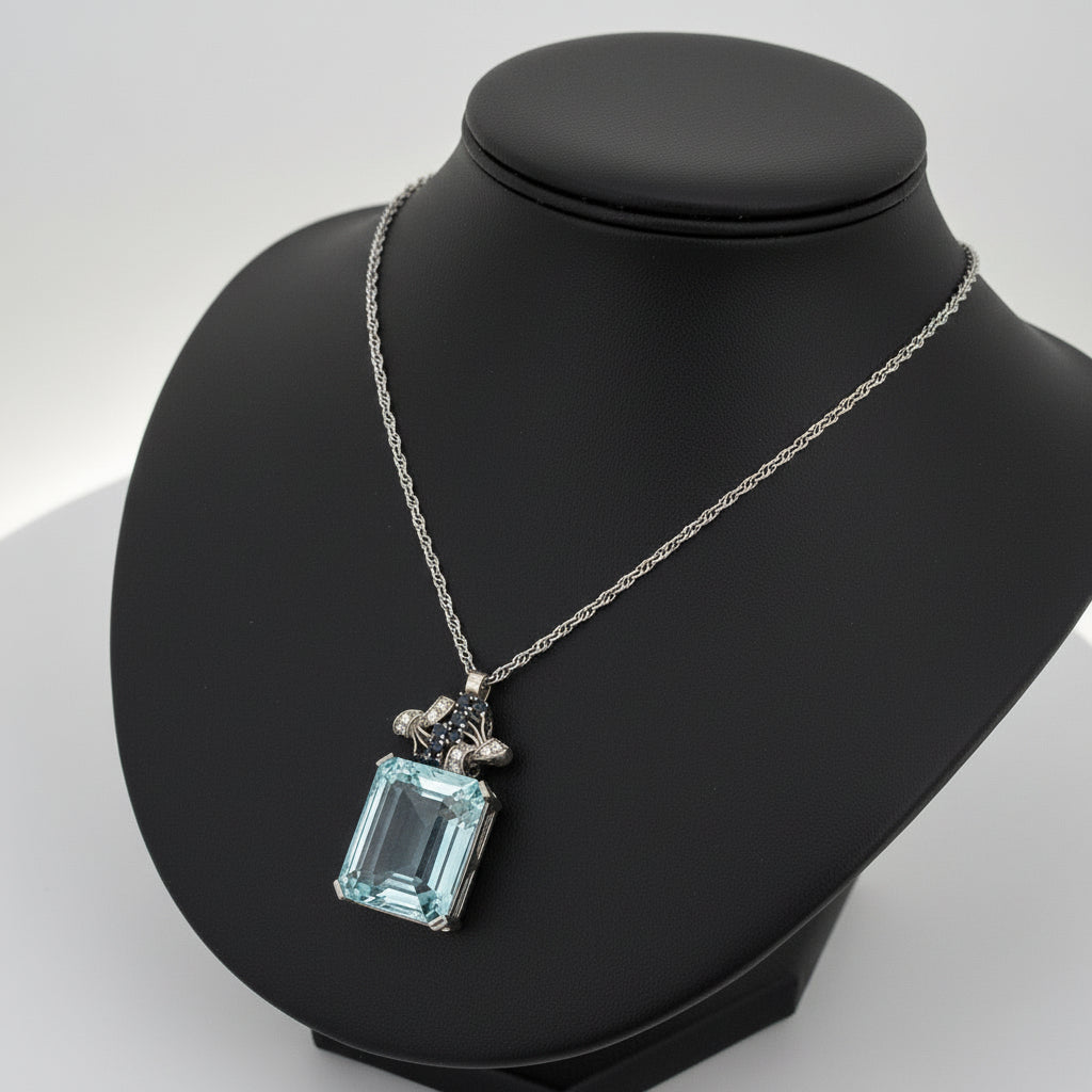 Necklace, 8 Round Brilliant Cut Diamonds 0.16cttw G-H VS2-SI1, 8 Sapphire Round 0.10cttw, 1 Aquamarine Emerald Cut 32.00ct, Platinum/14K White Gold 18.00g. All Weights Estimated.