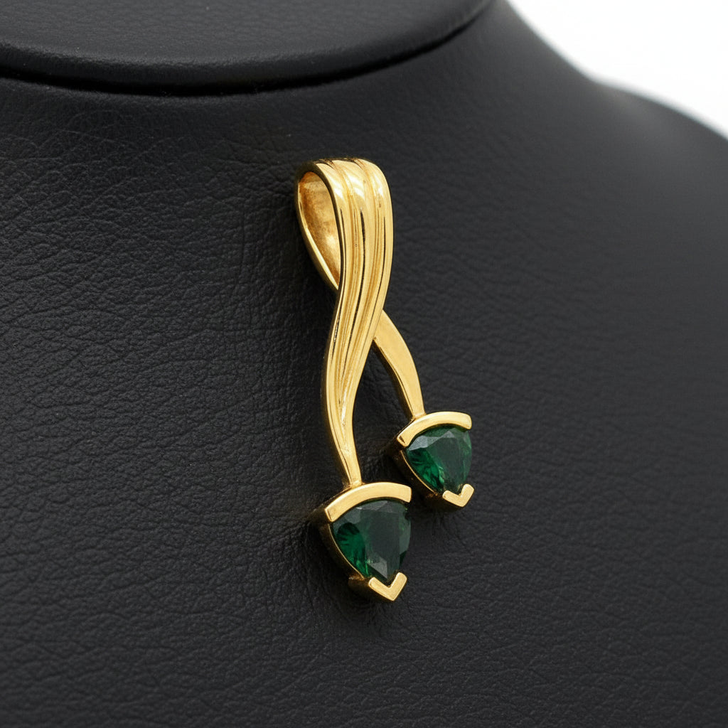 TG Pendant, 2 Tourmaline Trillion Cuts 2.00cttw Green, 14K Yellow Gold 5.50g. All Weights Estimated.