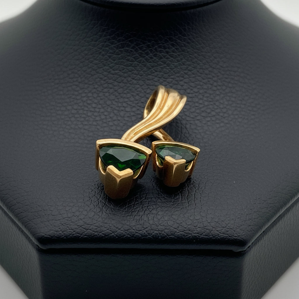 TG Pendant, 2 Tourmaline Trillion Cuts 2.00cttw Green, 14K Yellow Gold 5.50g. All Weights Estimated.