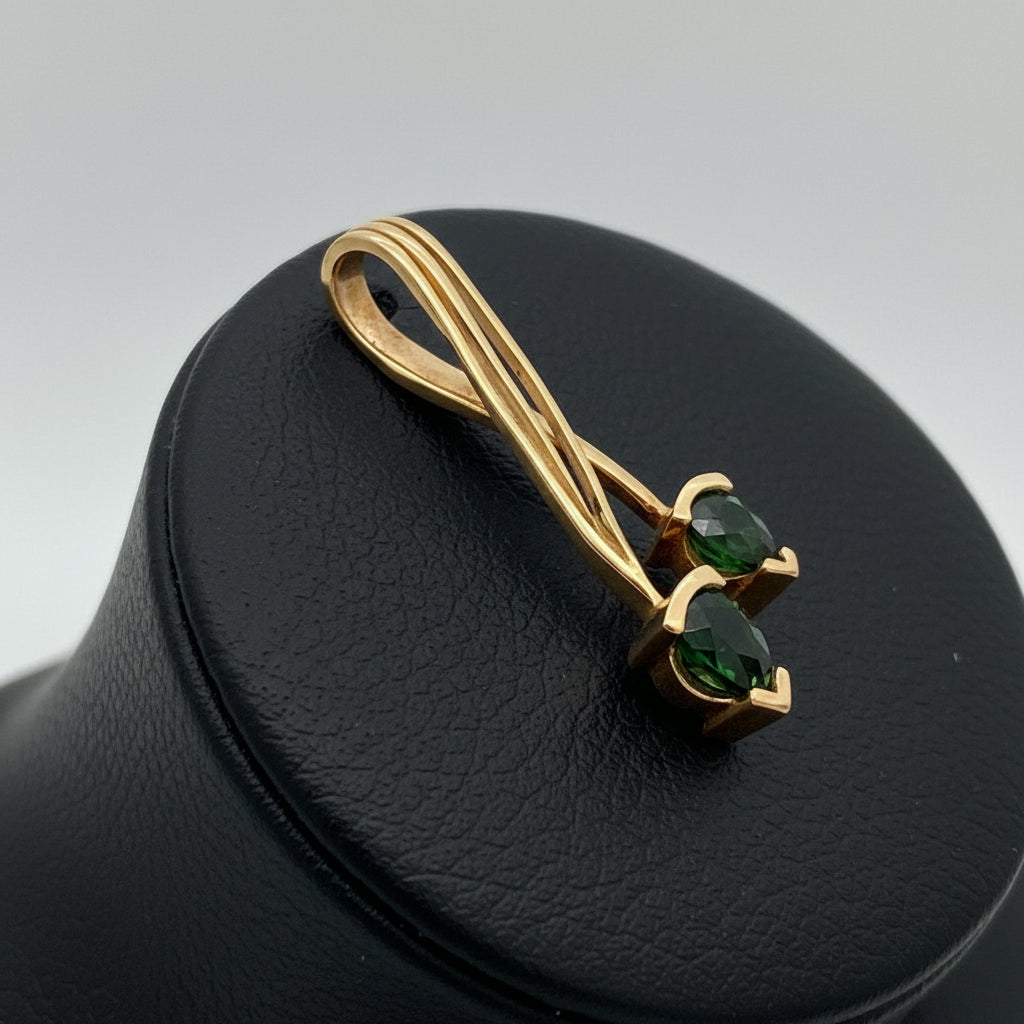 TG Pendant, 2 Tourmaline Trillion Cuts 2.00cttw Green, 14K Yellow Gold 5.50g. All Weights Estimated.
