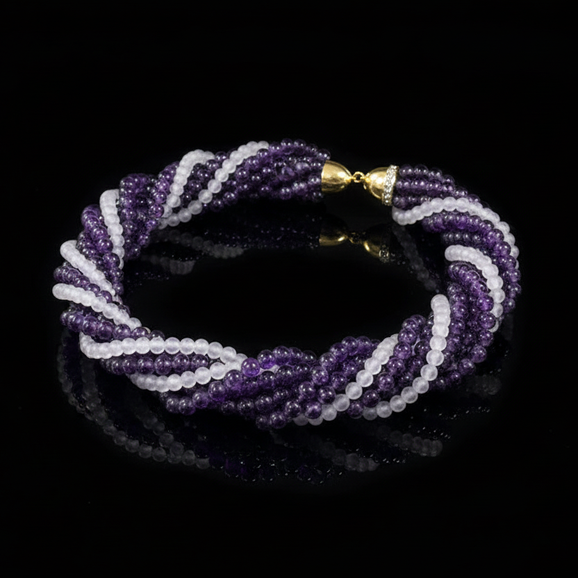 Italian Necklace, Round Brilliant Cut Diamonds 0.25cttw H-I SI1-SI2,  Amethyst Round 100.00cttw, Jade 10.00ct Lavender, 14K Yellow Gold 107.00g. All Weights Estimated.