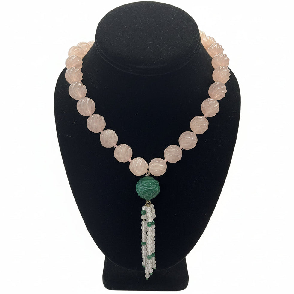 Estate Necklace, Kunzite Carved 1025cttw, 11 Green Stones, 14K Yellow Gold 1.00g. All Weights Estimated.