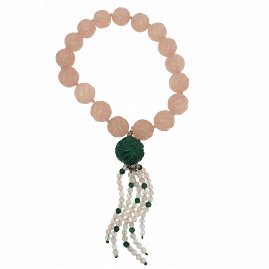 Estate Necklace, Kunzite Carved 1025cttw, 11 Green Stones, 14K Yellow Gold 1.00g. All Weights Estimated.