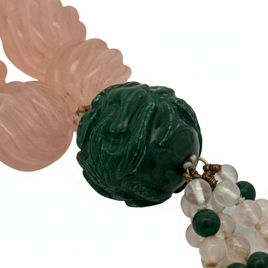 Estate Necklace, Kunzite Carved 1025cttw, 11 Green Stones, 14K Yellow Gold 1.00g. All Weights Estimated.
