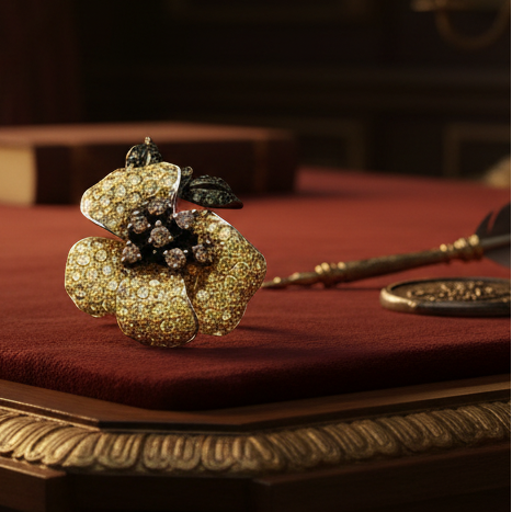 Estate Ring, Round Brilliant Cut Diamond 0.39ct Fancy SI2-I1,15 Tsavorite Garnet Round 0.30cttw, 87 Sapphire Round 2.61cttw Yellow, 18K White Gold 10.80g. Jagi 000025101024. All Weights Estimated.