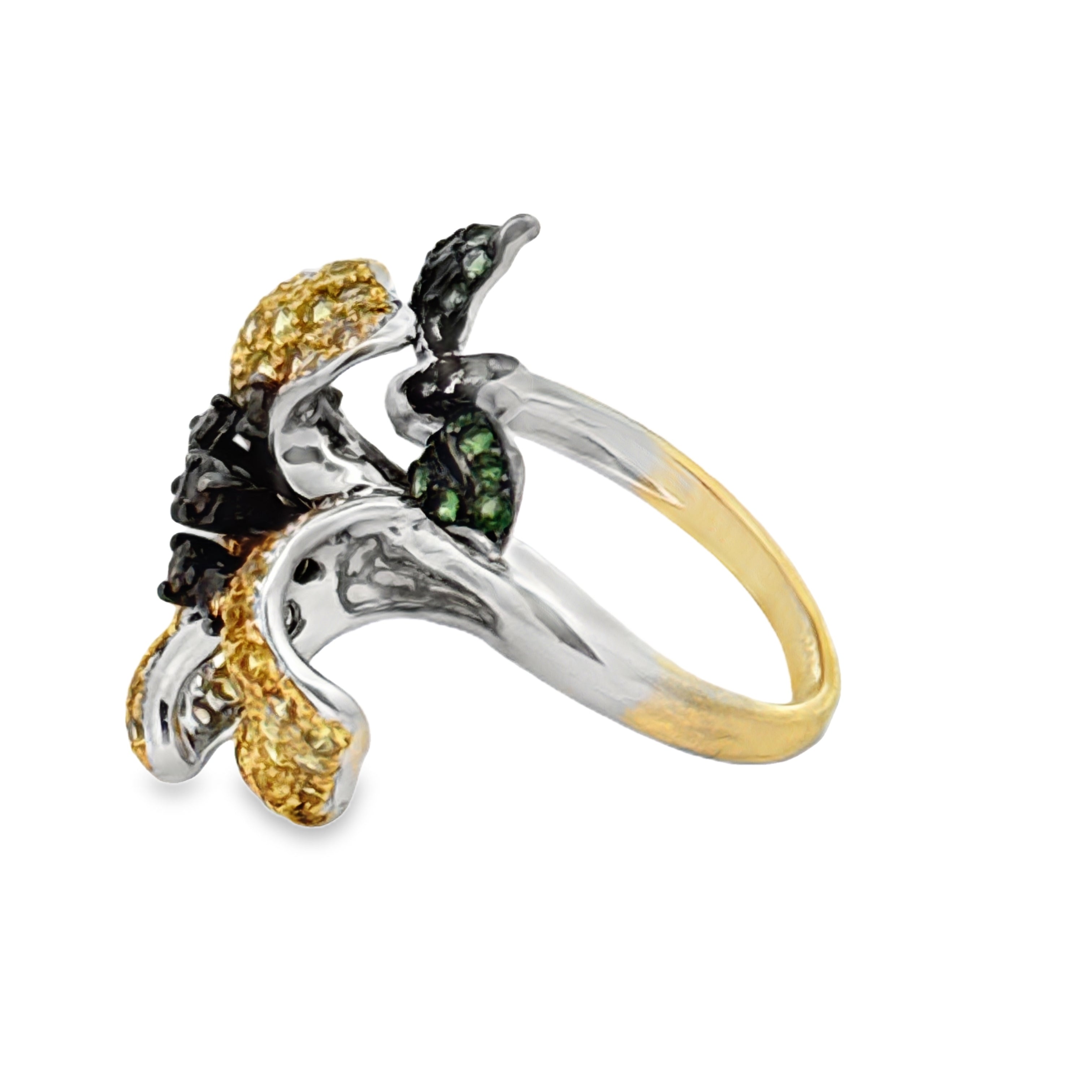 Estate Ring, Round Brilliant Cut Diamond 0.39ct Fancy SI2-I1,15 Tsavorite Garnet Round 0.30cttw, 87 Sapphire Round 2.61cttw Yellow, 18K White Gold 10.80g. Jagi 000025101024. All Weights Estimated.