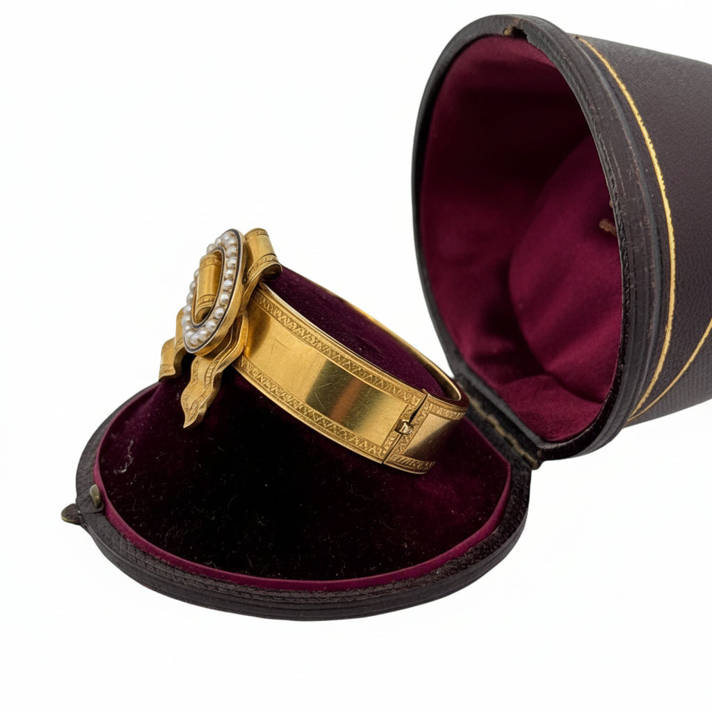 Goldsmith's Alliance Bangle, Enamel Blue, 21 Natural Pearls, 18K Yellow Gold 22.10g, All Weights Estimated.