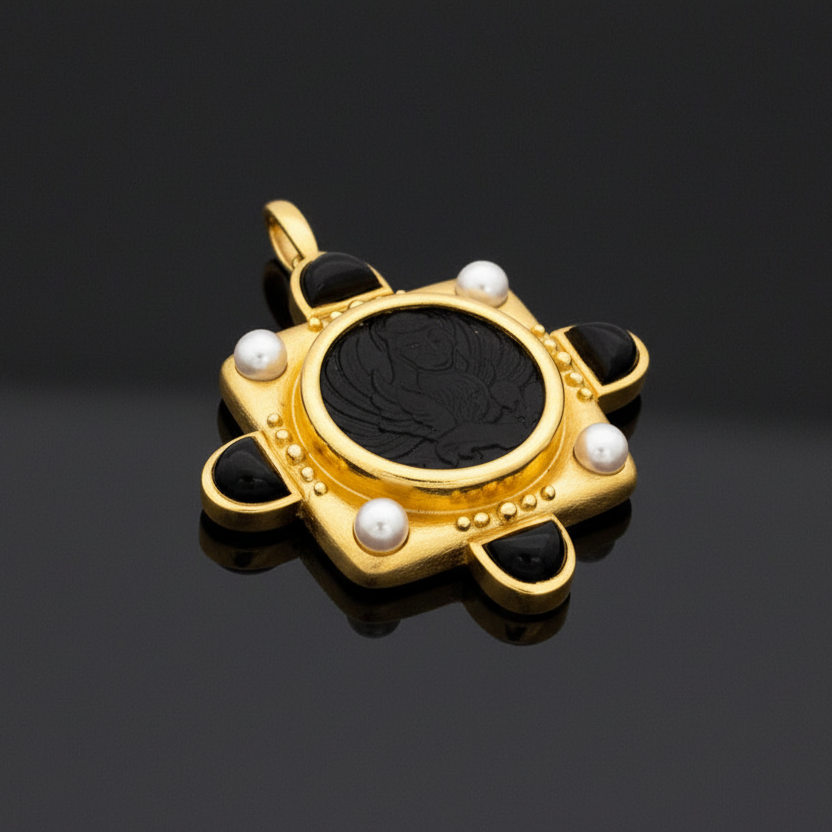 Elizabeth Locke Brooch/Pendant, 4 Cultured Pearls, 4 Onyx Cabochon, 1 Carved Onyx, 18K Yellow Gold 34.83g. All Weights Estimated