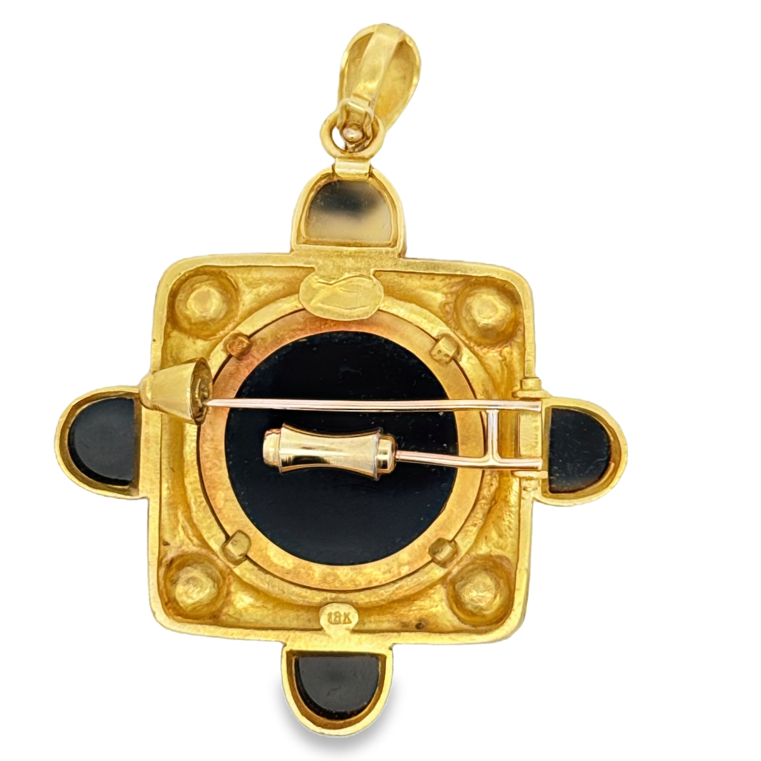 Elizabeth Locke Brooch/Pendant, 4 Cultured Pearls, 4 Onyx Cabochon, 1 Carved Onyx, 18K Yellow Gold 34.83g. All Weights Estimated