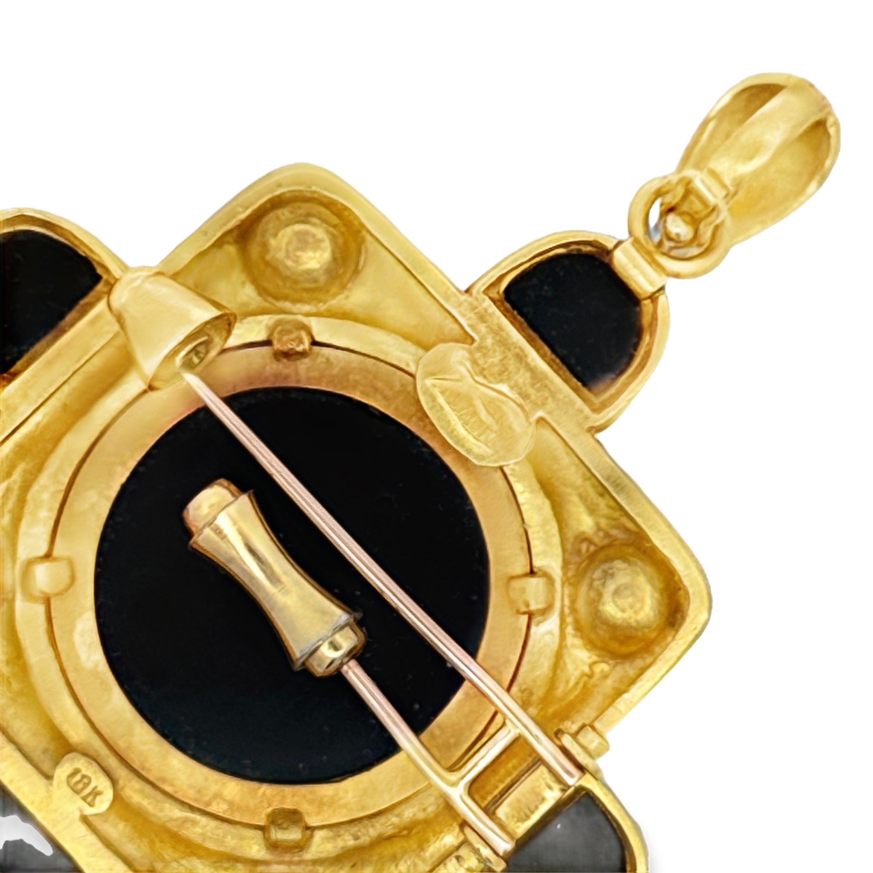 Elizabeth Locke Brooch/Pendant, 4 Cultured Pearls, 4 Onyx Cabochon, 1 Carved Onyx, 18K Yellow Gold 34.83g. All Weights Estimated