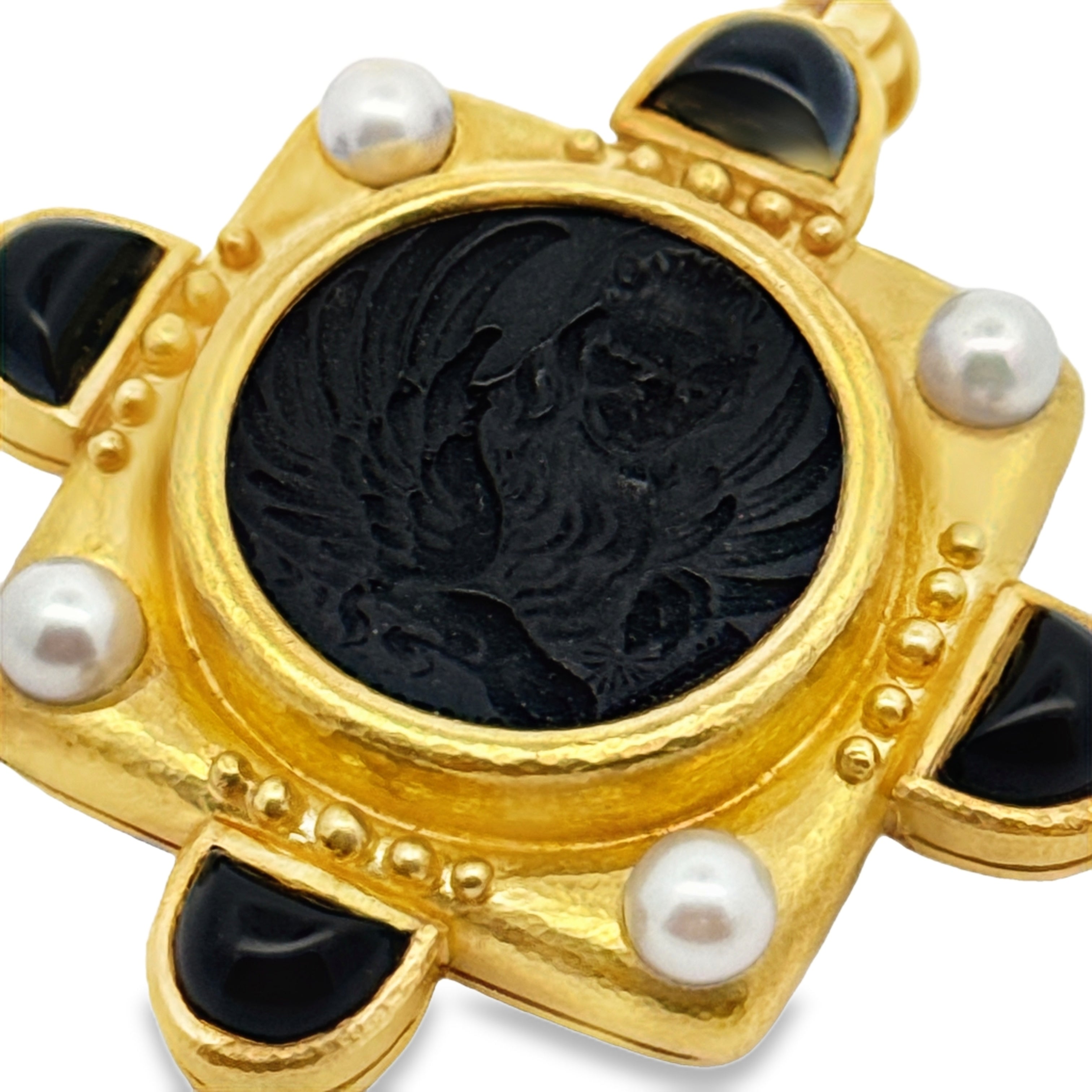 Elizabeth Locke Brooch/Pendant, 4 Cultured Pearls, 4 Onyx Cabochon, 1 Carved Onyx, 18K Yellow Gold 34.83g. All Weights Estimated