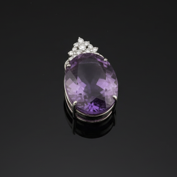  Pendant, 4 Round Brilliant Cut Diamonds 0.08cttw H-I SI1-SI2, 1 Amethyst Cabochon 58.41ct, 18K White Gold. All Weights Estimated.