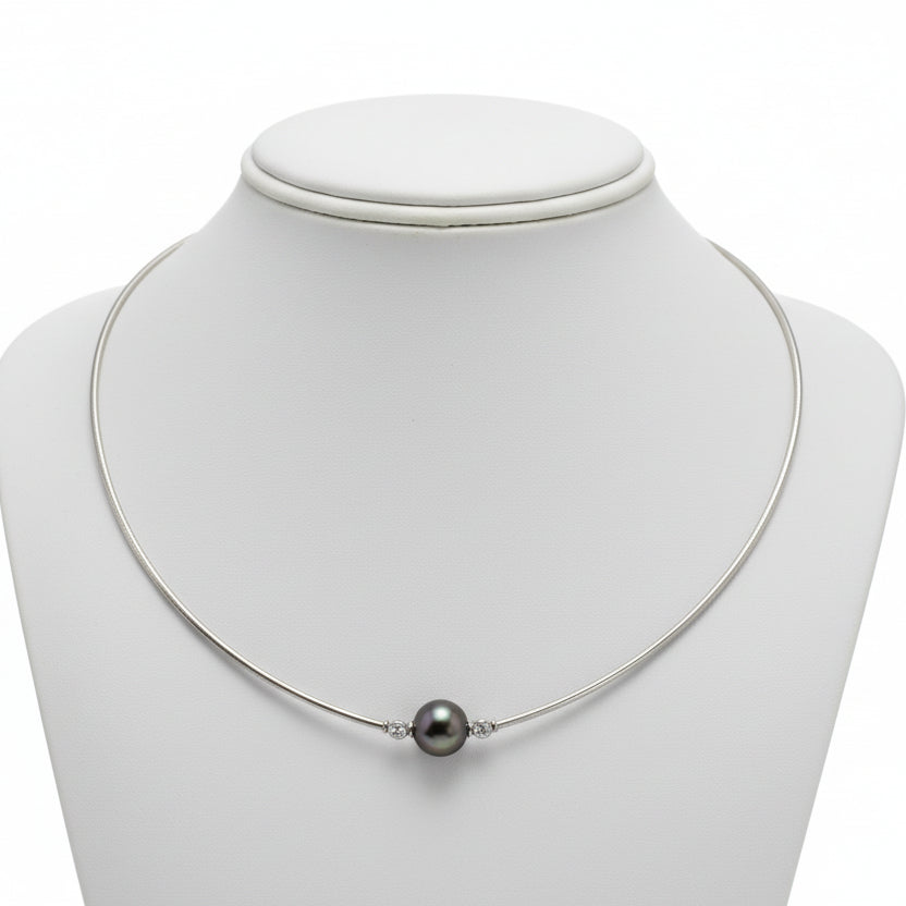 Mikimoto Necklace, 2 Round Brilliant Cut Diamonds 0.25cttw G-H VS1-VS2, 1 Tahitian Pearl Round Fine, 18K White Gold 11.20g. All Weights Estimated.