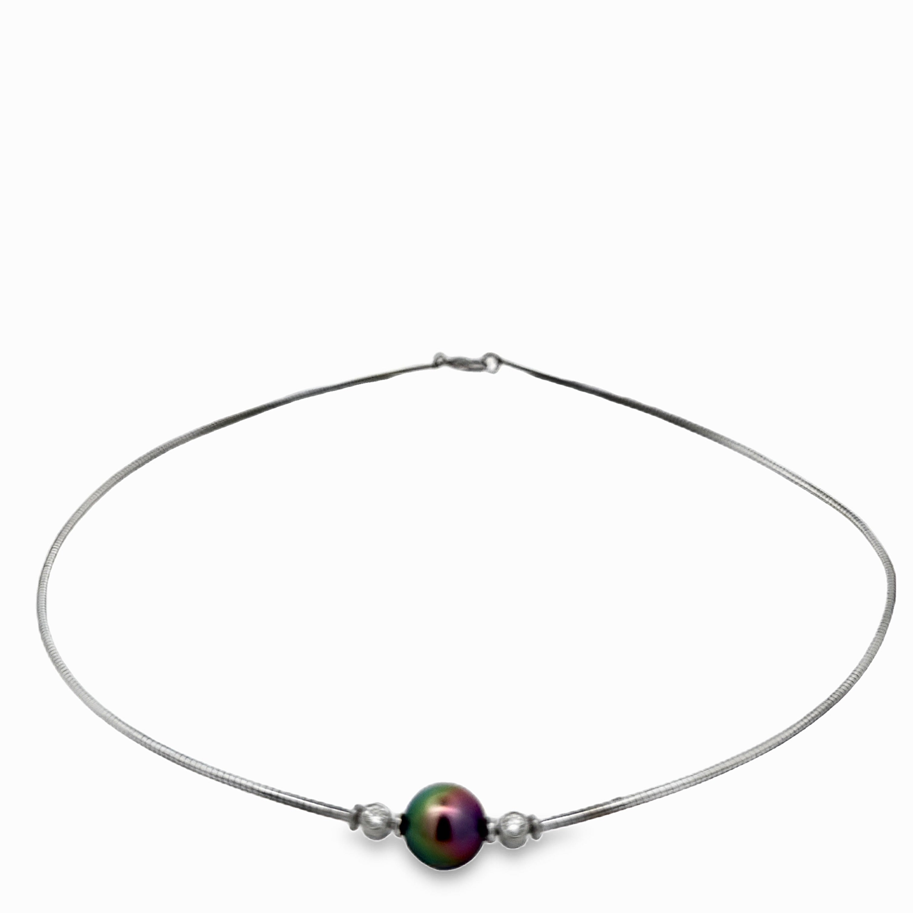 Mikimoto Necklace, 2 Round Brilliant Cut Diamonds 0.25cttw G-H VS1-VS2, 1 Tahitian Pearl Round Fine, 18K White Gold 11.20g. All Weights Estimated.