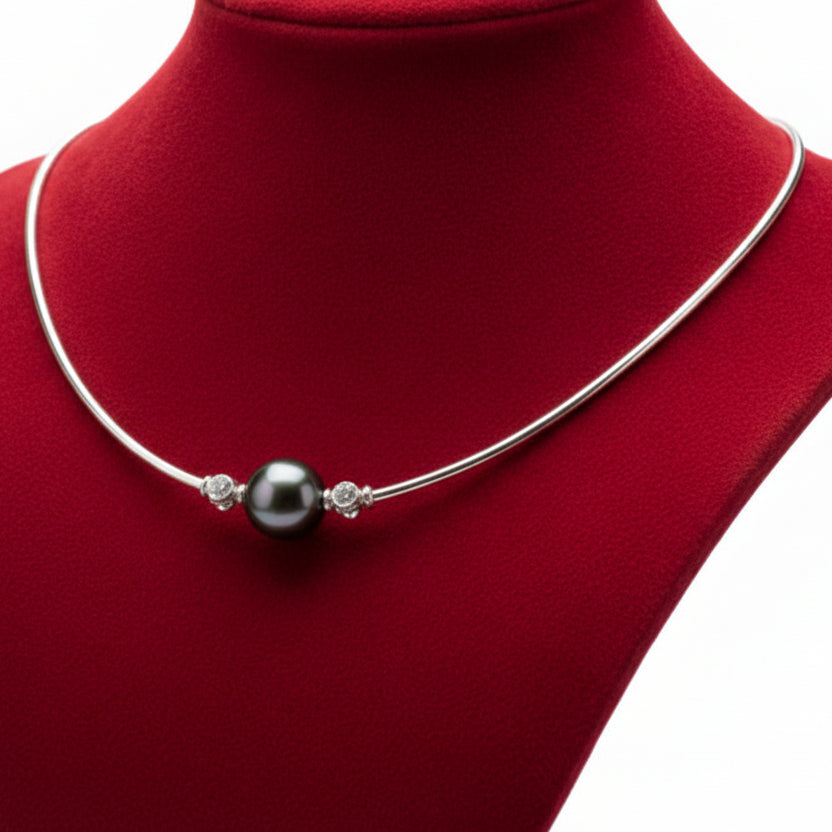 Mikimoto Necklace, 2 Round Brilliant Cut Diamonds 0.25cttw G-H VS1-VS2, 1 Tahitian Pearl Round Fine, 18K White Gold 11.20g. All Weights Estimated.