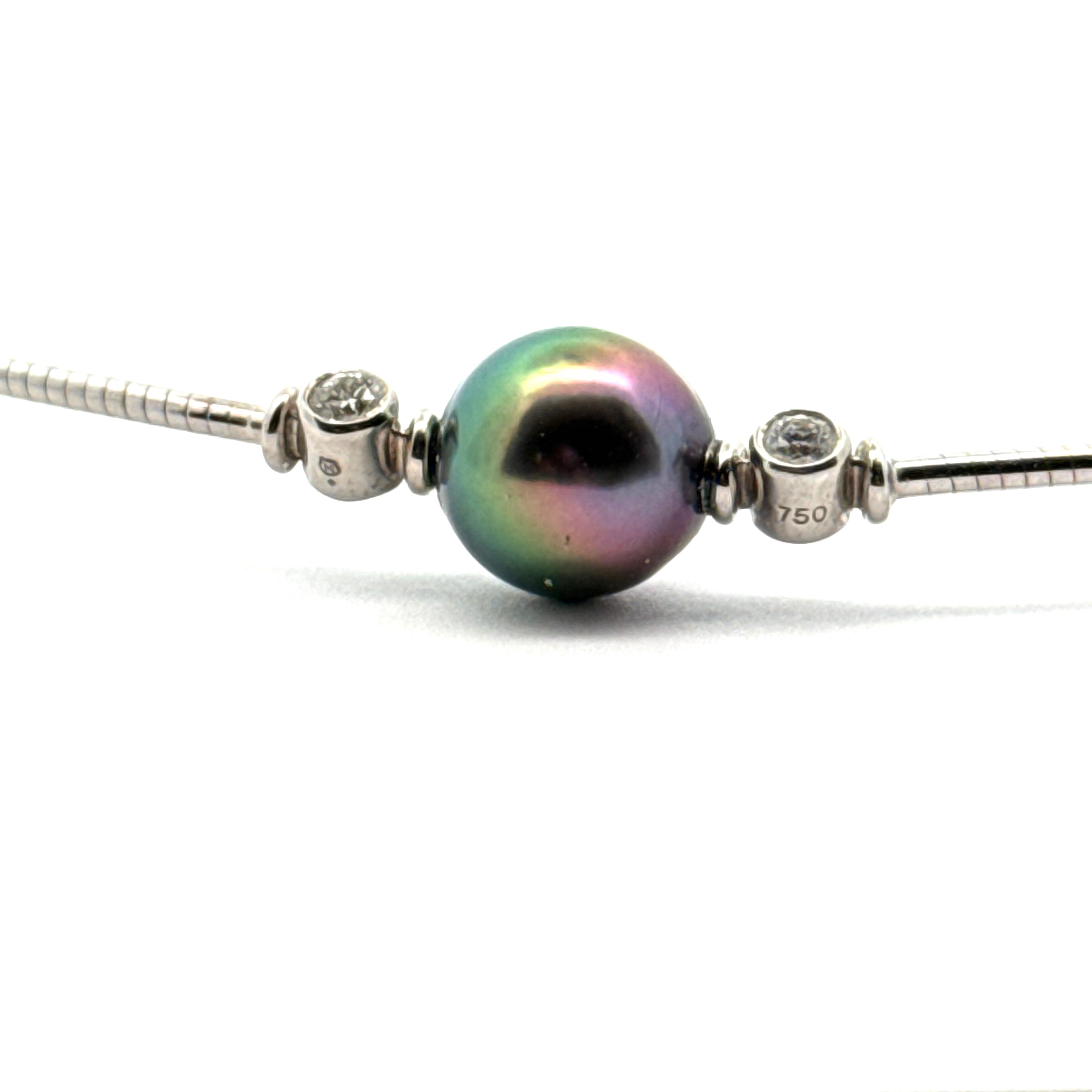 Mikimoto Necklace, 2 Round Brilliant Cut Diamonds 0.25cttw G-H VS1-VS2, 1 Tahitian Pearl Round Fine, 18K White Gold 11.20g. All Weights Estimated.