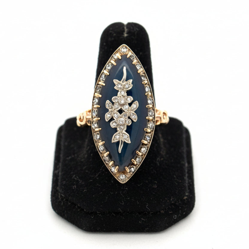 Estate Ring, 1 Cabochon Chalcedony, Old European Cut Diamonds 0.65cttw H-I SI1-SI2, 14K White/Yellow Gold 10.86g. All Weights Estimated.