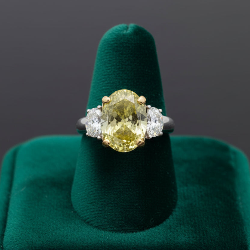 Estate Ring, 1 Oval Diamond 4.63 ct  Natural Fancy Green Yellow SI2 GIA 1232792484, 2 Half Moon Diamond 1.00 cttw  SI1-SI2, 18K/PLAT Yellow Gold 9.00g. All Weights Estimated.