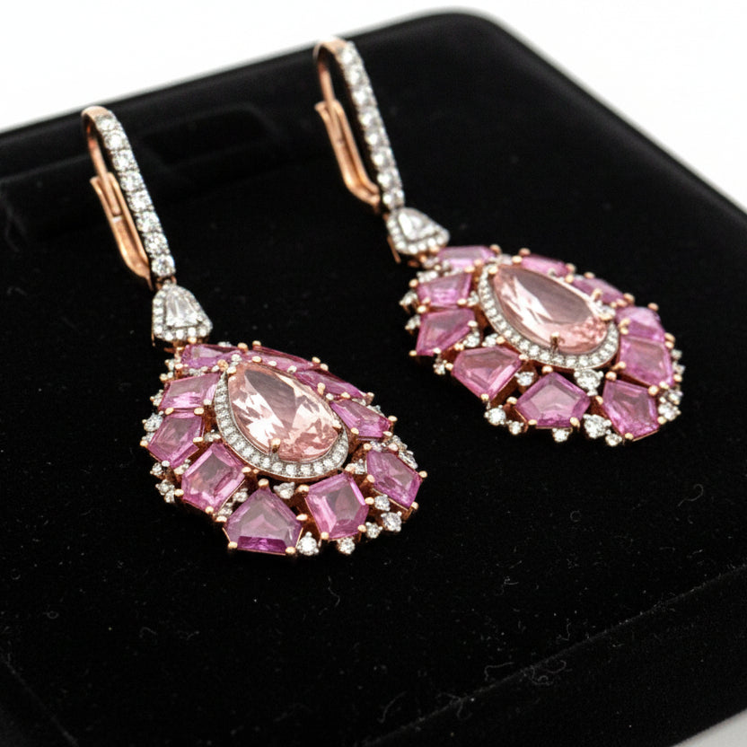Marchisio Earrings, Mixed Cut Diamond 1.67 ct  G-H VS2-SI1,2 Morganite Pear Shape 6.50 ct ,20 Pink Sapphire Mixed Cut 6.00 ct  18K White/Yellow Gold 13.29g. All Weights Estimated.