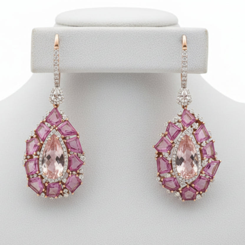 Marchisio Earrings, Mixed Cut Diamond 1.67 ct  G-H VS2-SI1,2 Morganite Pear Shape 6.50 ct ,20 Pink Sapphire Mixed Cut 6.00 ct  18K White/Yellow Gold 13.29g. All Weights Estimated. 