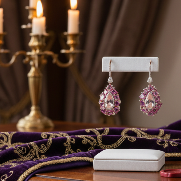 Marchisio Earrings, Mixed Cut Diamond 1.67 ct  G-H VS2-SI1,2 Morganite Pear Shape 6.50 ct ,20 Pink Sapphire Mixed Cut 6.00 ct  18K White/Yellow Gold 13.29g. All Weights Estimated.