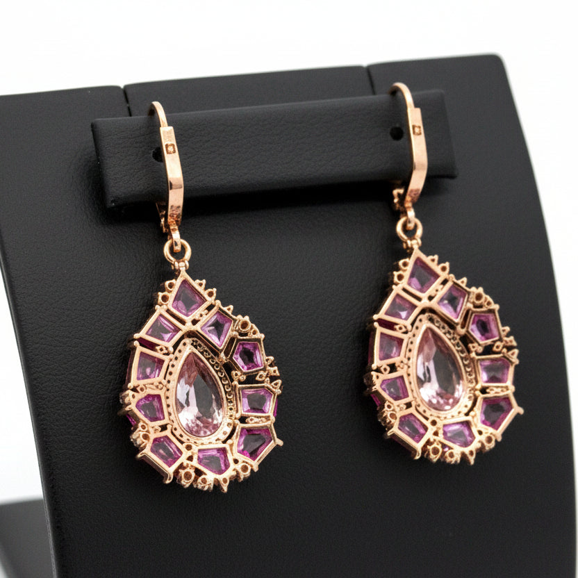 Marchisio Earrings, Mixed Cut Diamond 1.67 ct  G-H VS2-SI1,2 Morganite Pear Shape 6.50 ct ,20 Pink Sapphire Mixed Cut 6.00 ct  18K White/Yellow Gold 13.29g. All Weights Estimated.